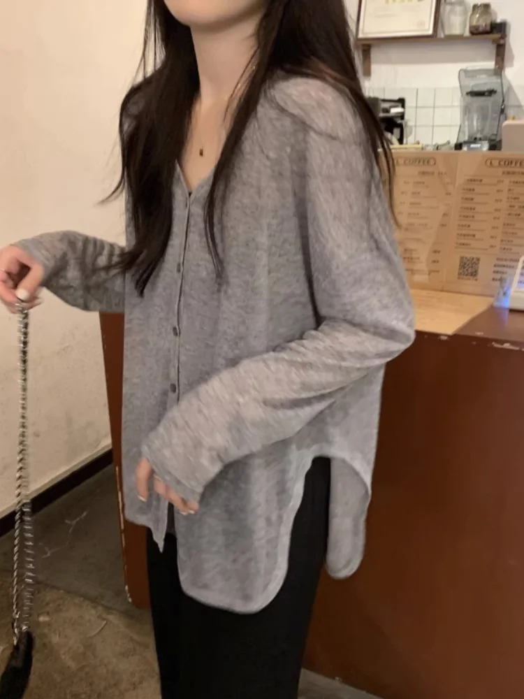 Solid V-neck Shirt Women Spring Single Breasted Chiffon Loose Slim All-match Sun Protection Thin Breathable Fashion Slim Cozy