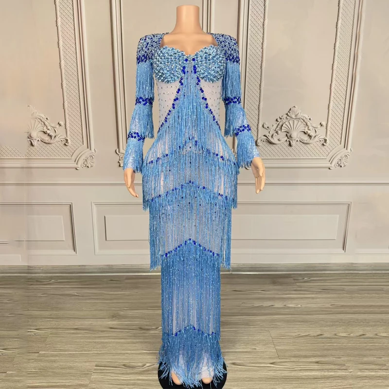 Blaue Diamant-Strasssteine mit Fransen, Abendkleider, Partykleider, Damen-Performance, Festival-Outfit, Bar, Nachtclub, Bühnenshow-Kostüm