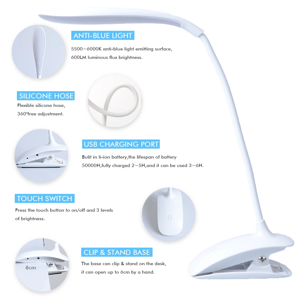 Clip ricaricabile lampada da tavolo a Led flessibile interruttore tattile lampade da tavolo a LED USB per la protezione degli occhi da comodino Dimmer luce del libro di lettura