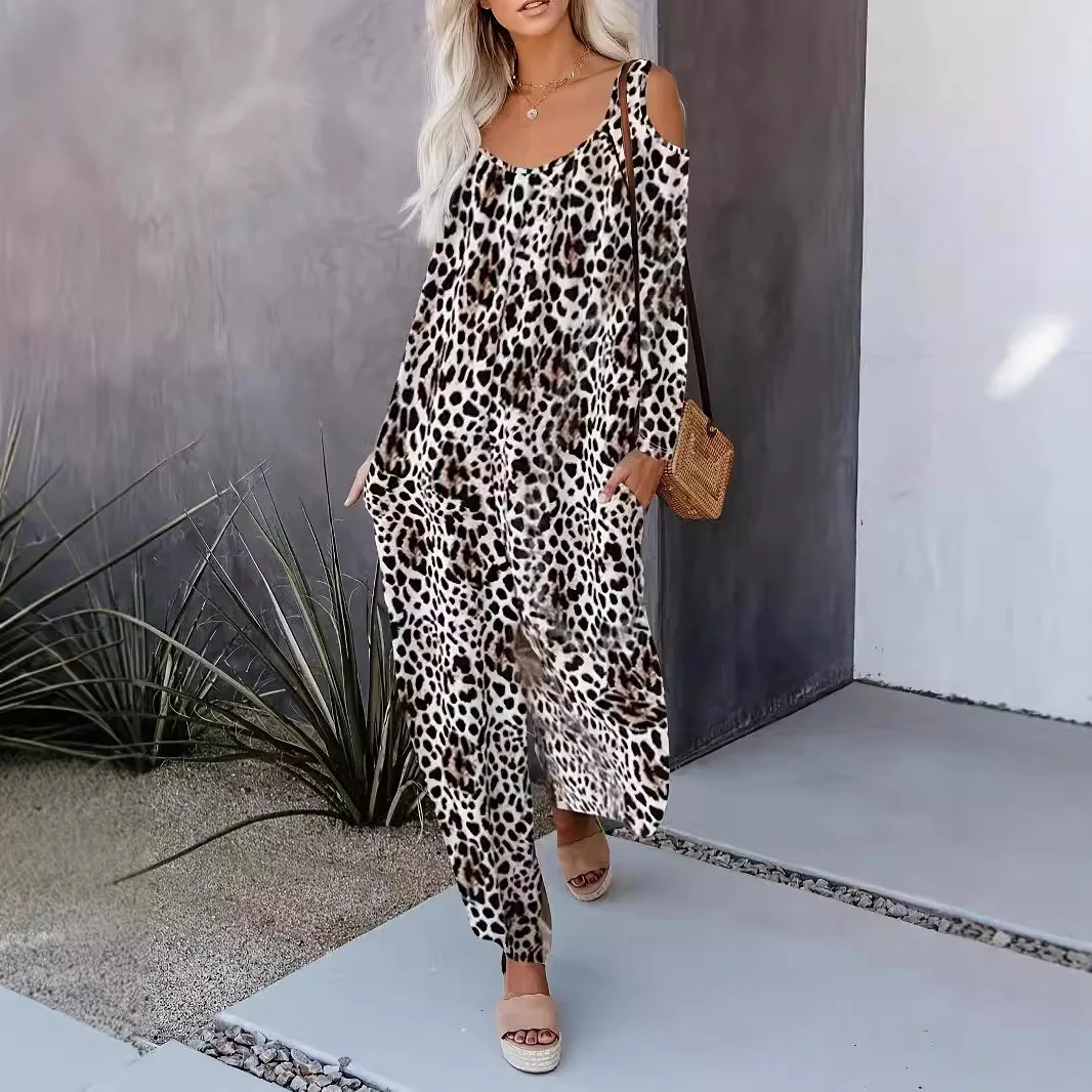 Amazon 2025 New Women's Long-sleeved Off-the-shoulder Sexy Wide-leg Jumpsuit Cw92043