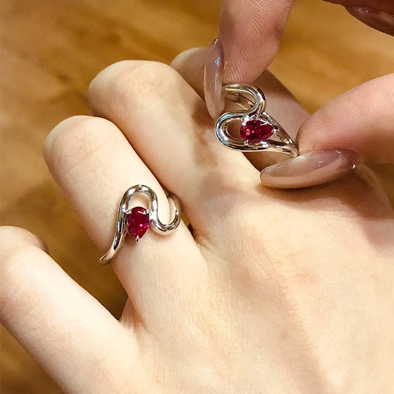 KEEP YES 4*6mm Irregular Lab-Grown Ruby Red Gemstone Pear Shape Rings for Women 925 Sterling Silver Wedding Band Fine Jewelry