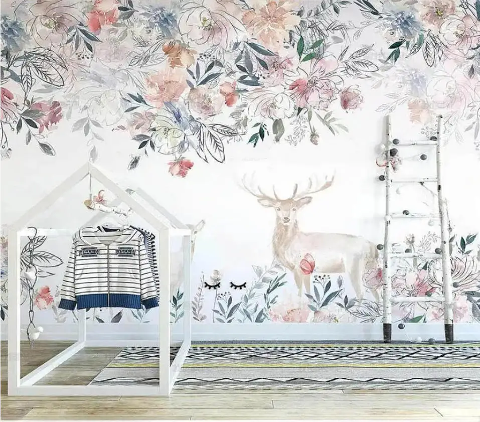 Customize any size mural Nordic abstract forest elk small fresh plants forest cartoon children's room background wall wallpaper
