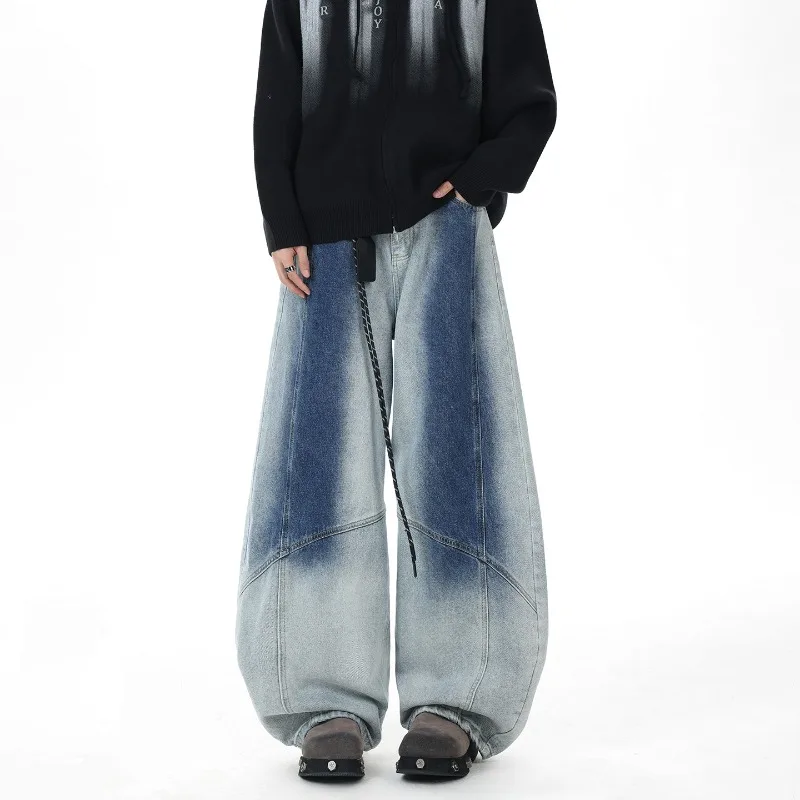 2026 Autumn Unisex Gradient Distressed Curved Jeans American Retro Loose Wide‑Leg Drape Denim Street Long Trousers