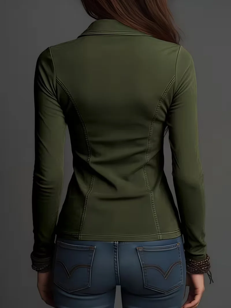 Women's Slim Fit Lapel Shirt, Multi-Color Zipper Closure, Cargo Pockets, Waist Cinching, Fashion Sexy Top for Dating and Commute view 6