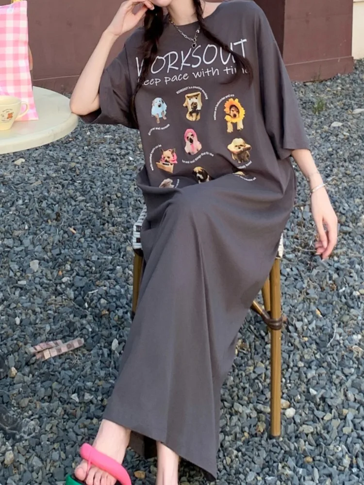 Oversize ฤดูร้อนพิมพ์การ์ตูน T เสื้อชุดยาวผู้หญิงเกาหลีแฟชั่นแขนสั้นหลวมชุดผู้หญิงสุภาพสตรีชุด Vestidos