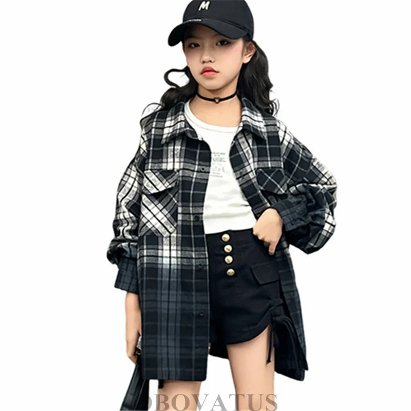 

Kids Spring Cotton Black White Plaid Loose Blouse For Girls Casual Gradient Color Shirt Korean Child Long Sleeve School Tops