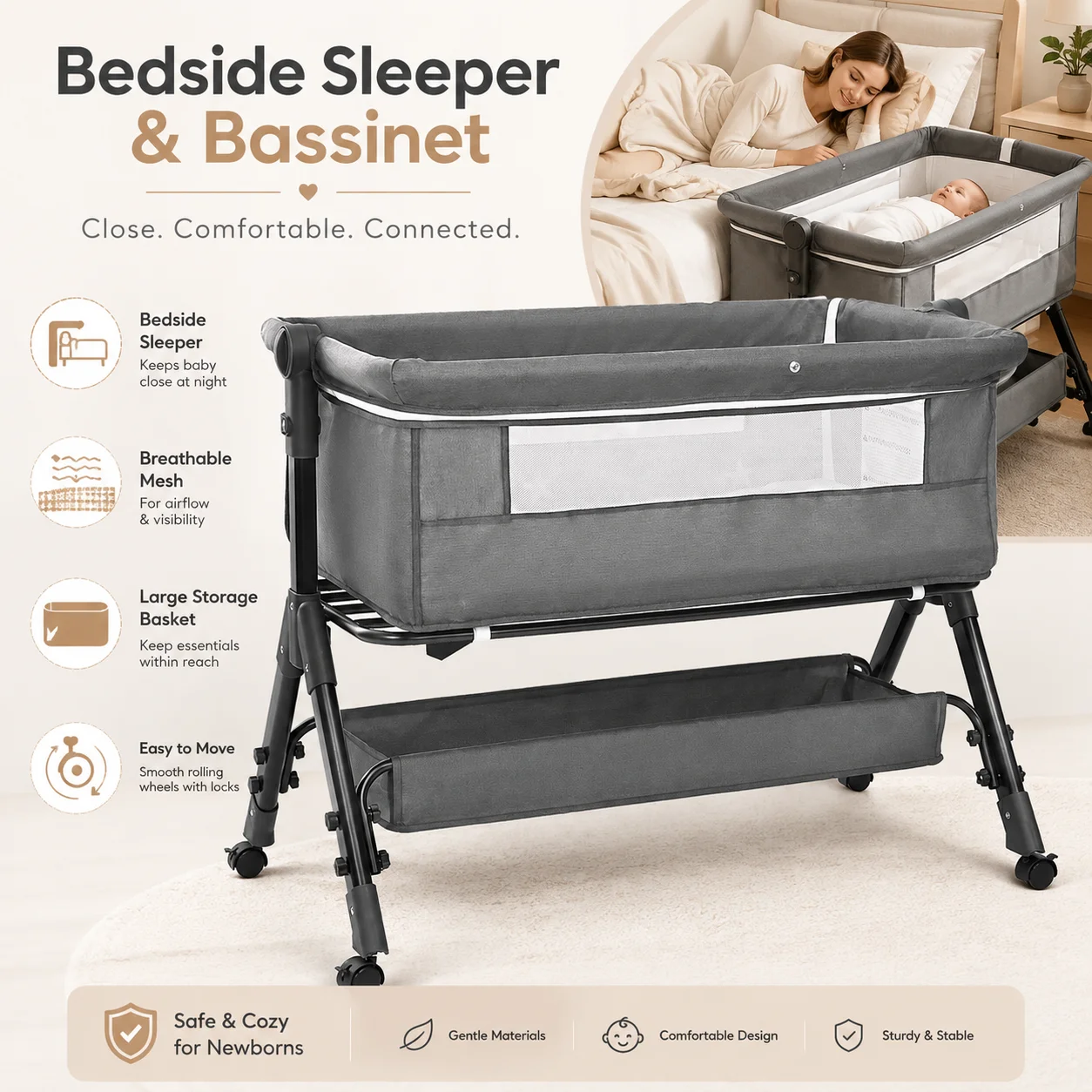 Kmaier Bedside Crib Grey Height Adjustable Baby Bassinet Breathable Mesh Co Sleeper Lockable Wheels Infant Bed For Newborn