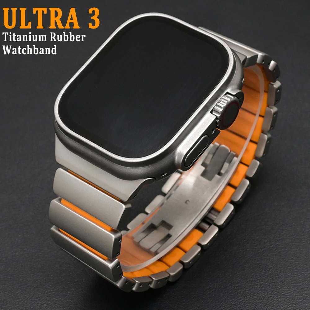 

Титановый + резиновый ремешок для Apple Watch Ultra 3 2 49 мм серии 11 10 46 мм Роскошный металлический ремешок для iWatch 9 8 7 6 SE3 44 мм 45 мм Correa
