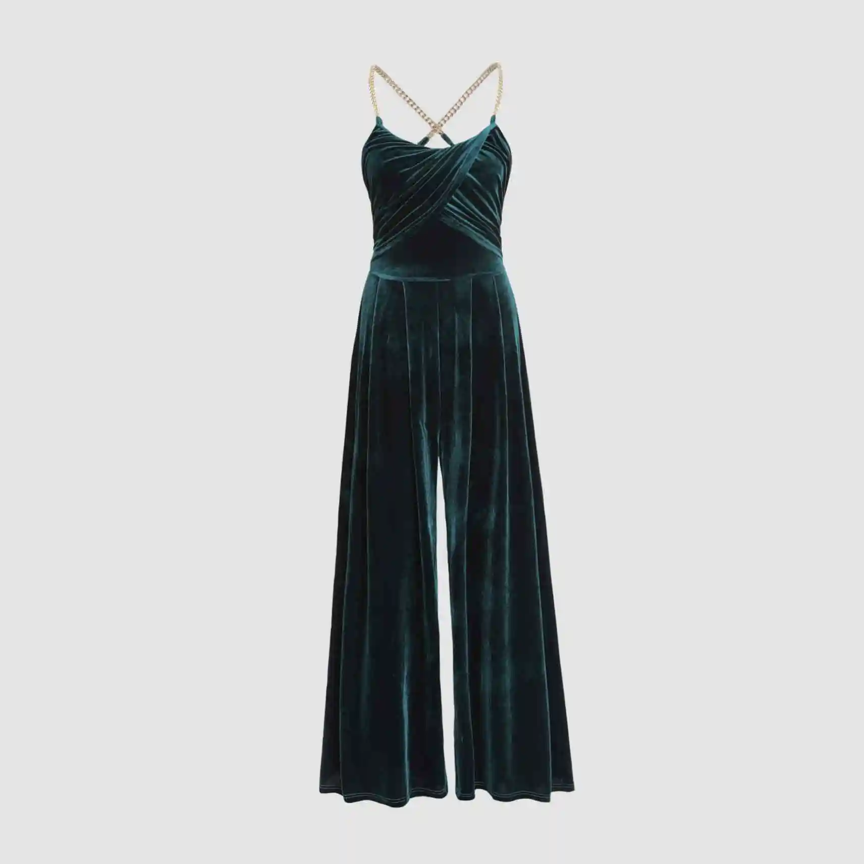 

Faionable Velvet Metal Chain Wide Leg Jumpsuit Evening Par Dr High Waist Long Pants Commute Sle A00 Polyester Fabric