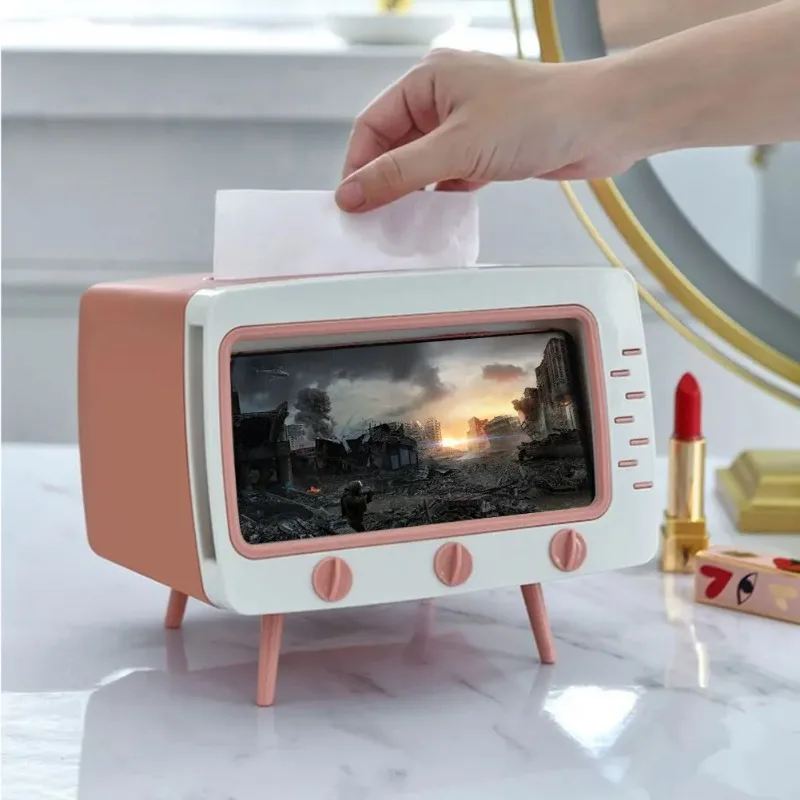 Creative Desktop Paper Holder with Mobile Phone Stand Kawaii TV Shape Tissue Box Paper Storage Case for Living Room Night Stand