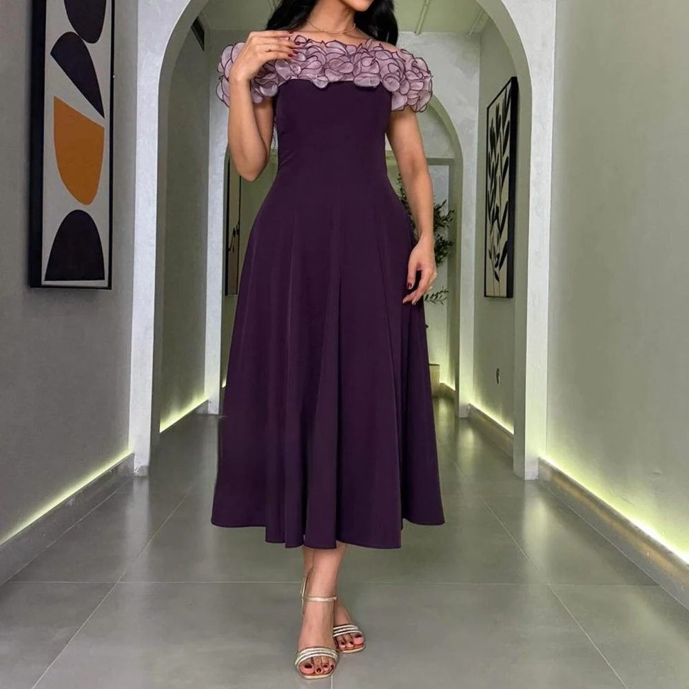 

A-line Mermaid Evening Dresses Tea-length Off The Shoulder Sleeveless Prom Gown Fashion Ruched Simple Draped Customized Gowns