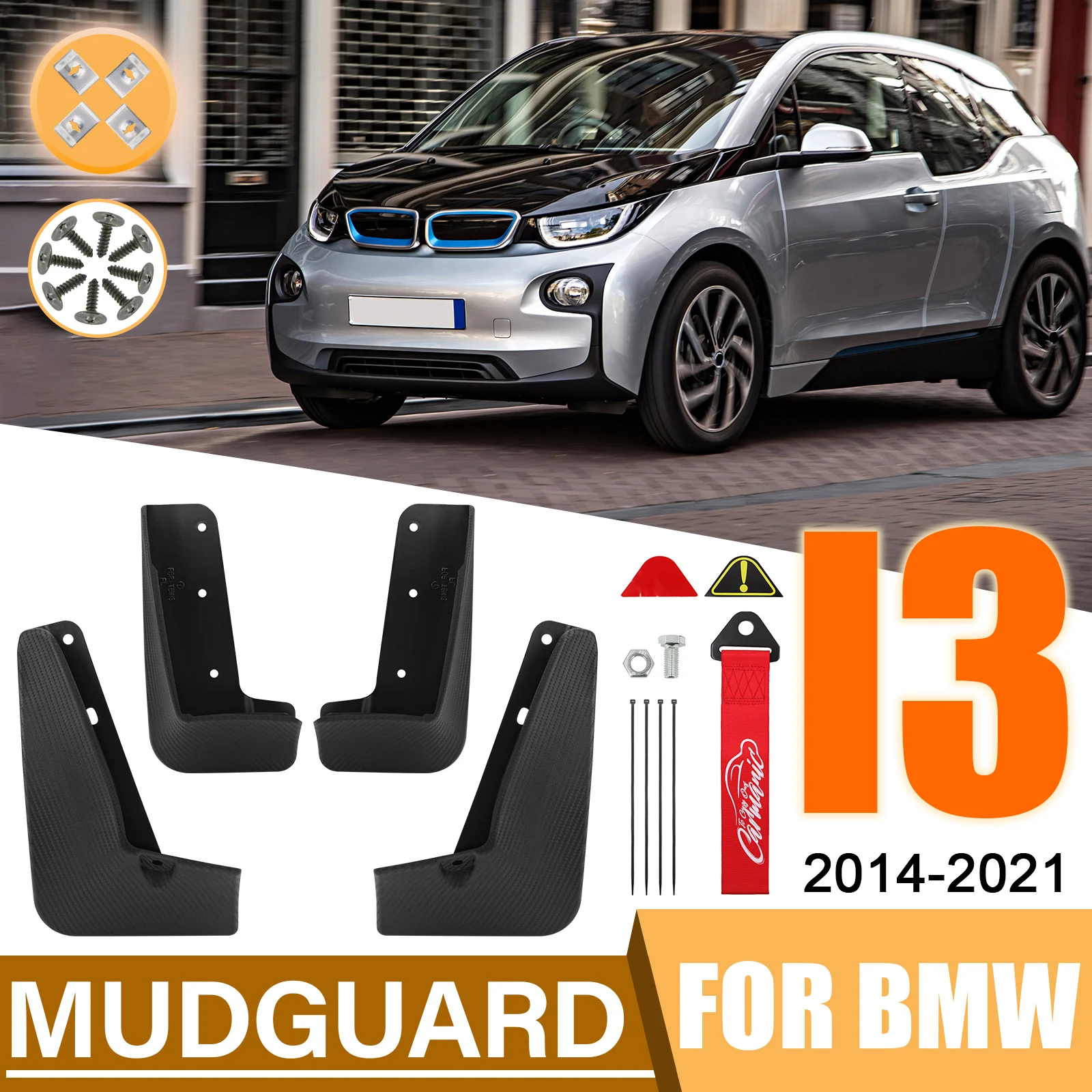 For BMW I3 Electric 2014-2021 Mudguards With Tow Strap Front Rear Styled Mudflaps Carbon Fiber Effect Mud Flap Splash Guards