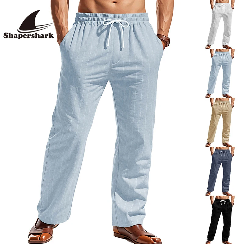

Shapershark Linen Men’s Casual Loose-Fitting Pants, Beach Shorts: Breathable, Solid Color, Elastic Cord, Jogger, Yoga Pants