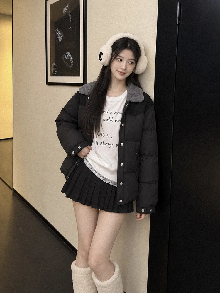 Winter Lamb Collar Splicing Color Blocking Down Jacket Women White Duck Down Outwears Female Warm Single-breasted Parker Jacket