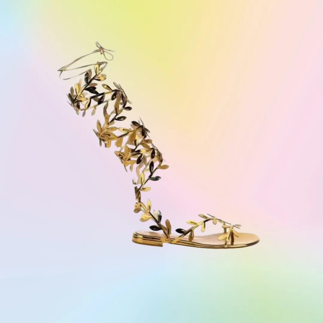 

Gold Leaves Flat Heel Sandals Lace up Low Heel Solid Color High Shoes for Women Cover Toe Wedding Shoes 2025 Zapatillas Mujer