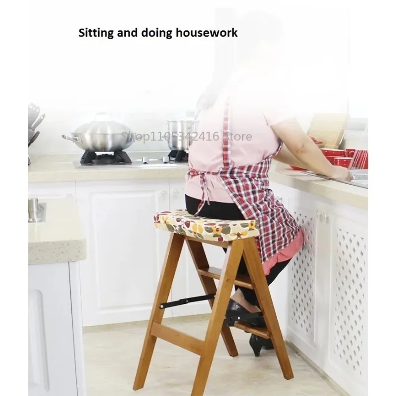 Solid Wood Folding Step Stool, Multifunctional Portable Wooden Ladder, Dual-Purpose Folding Chair & HouseholdLadderforKitchenUse