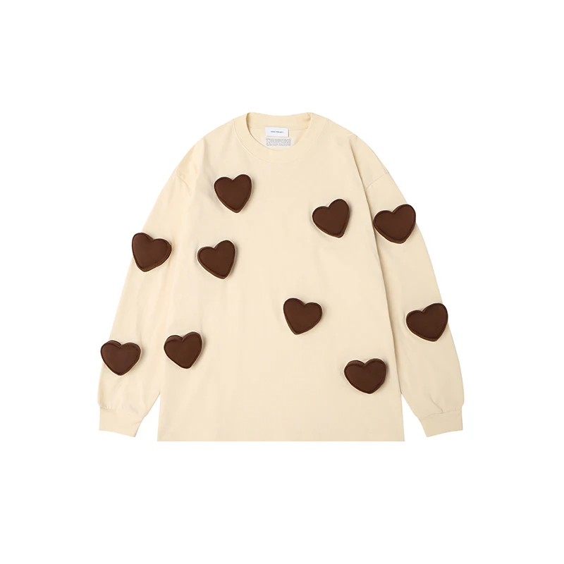 Couple 2025 Spring Autumn New Tops Three-dimensional Cotton Love Heart Tees Loose Round Neck Long Sleeve Color Matching T-shirts