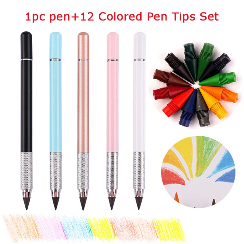 1pc pen+12 Colored Pen Tips Set Colorful Pen Head Metal Pencil Set No Ink Student Writing and Painting School Kawaii Stationery