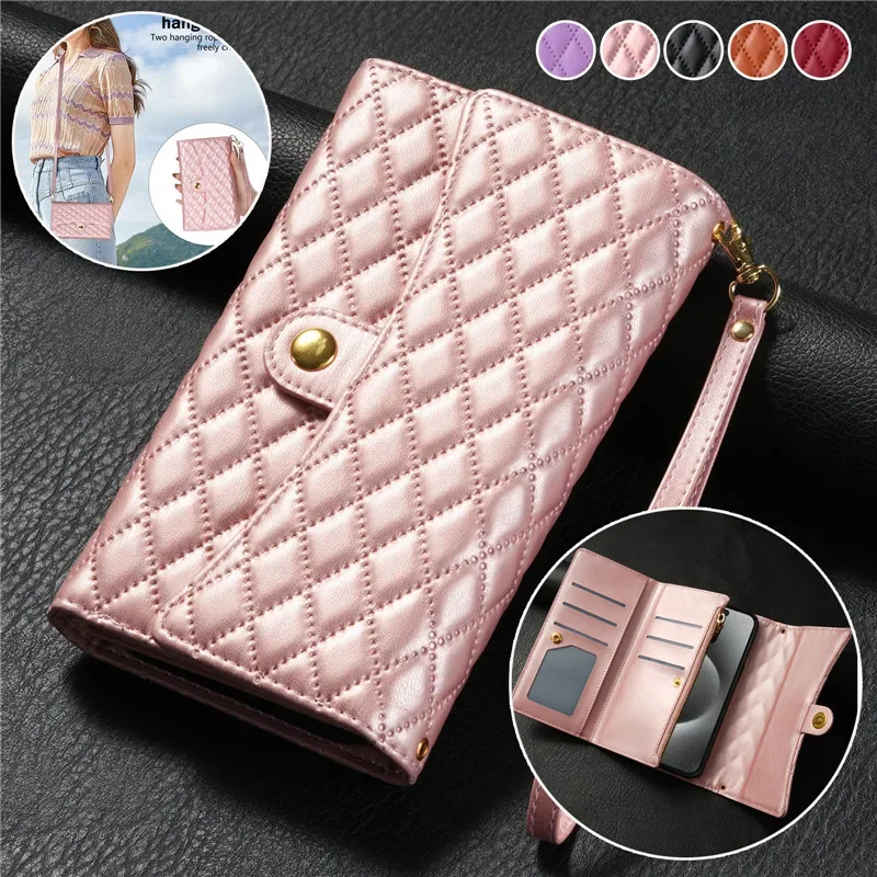 

Crossbody Lanyard Leather Zip Wallet Phone Case for Samsung Galaxy S24 Ultra S23 Plus S22 S21 S20 FE S10 Wrist Rope Flip Cover