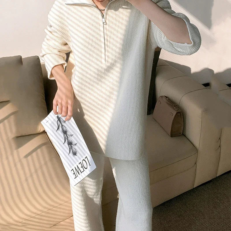 

Winter Autumn New Solid Two-piece Pant Set Women Lapel Half-zipper Pullover Sweater+High Waist Wide Leg Pants Women Knitted Suit