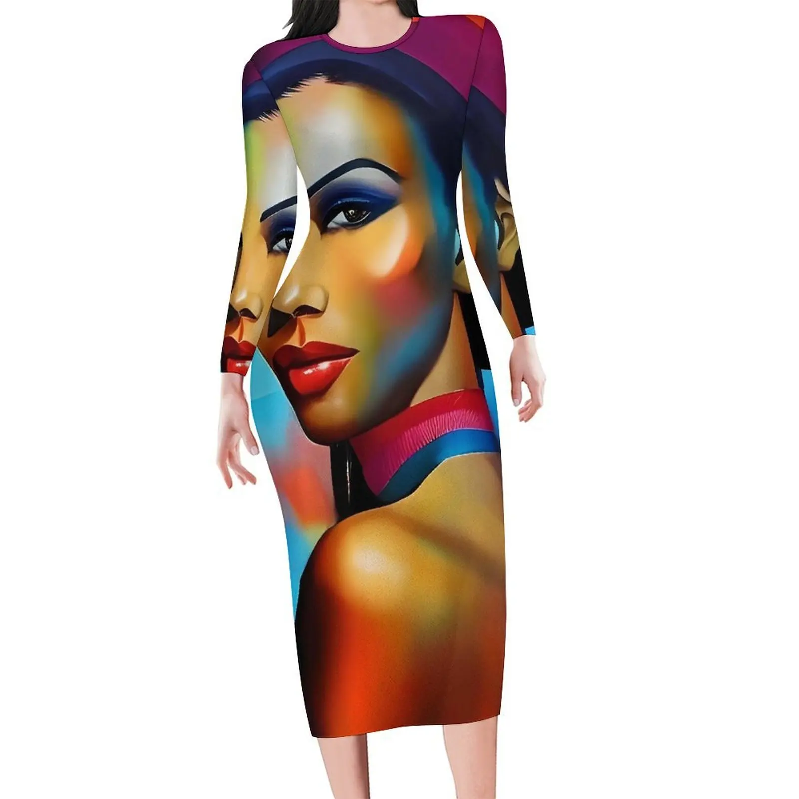 

Lady Face Board Print Dress Long Sleeve Abstract Art Aesthetic Dresses Spring Cute Bodycon Dress Women Pattern Oversize Vestidos