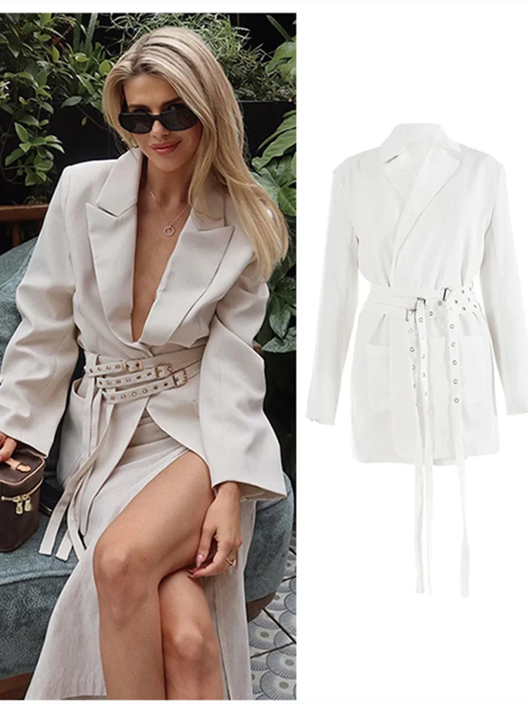 Elegant Belted Jackets Woman Lapel Long Sleeve Notched Blazer Office Coat 2024 Autumn Lady High Street Overcoat New In Outwear