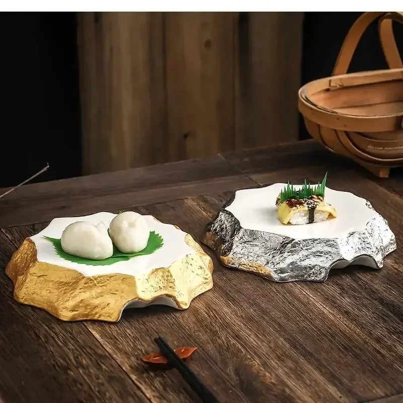 Japanese Sushi Plate أسود and White Gold Stone Pattern Ceramic Irregular Tableware Western Steak Dessert