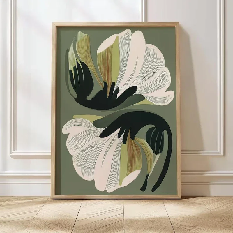 Multiple sizes 1pc frameless Canvas Painting Modern Botanical Canvas Wall Art, Minimalist Abstract Floral Print, Green and Beige
