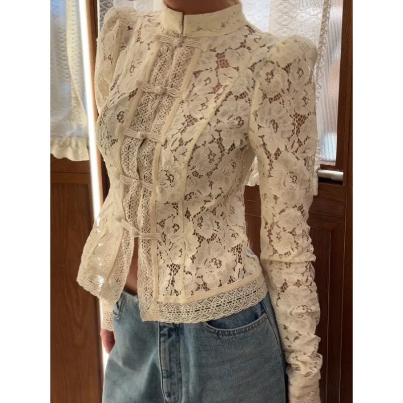 

Fashion New Street Floral Blouses Retro Solid Chinese Hollow Lace Shirt Women Chic O Neck Long Sleeve Slim Knit Top Summer 2025