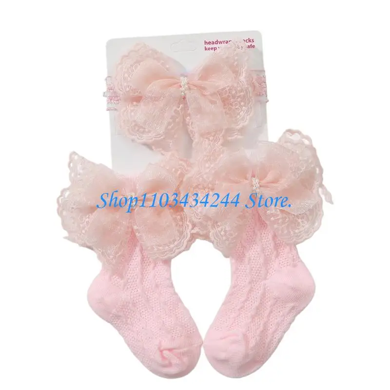 0-1 Year Baby Outfit Accessory Set, Cotton Hair Band and Textured Socks With Lace Accent for Daily Wear and Styling