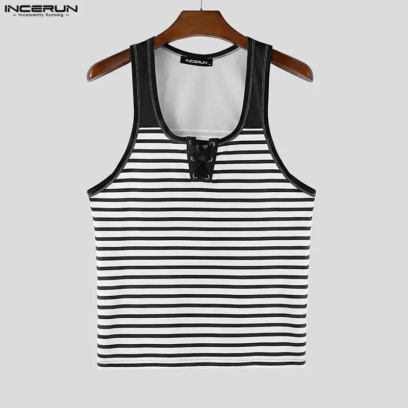 INCERUN Men's Tank Tops Striped Patchwork Lace Up Sleeveless Male Vests Summer Streetwear Fashion Casual Men Clothes Tops S-5XL