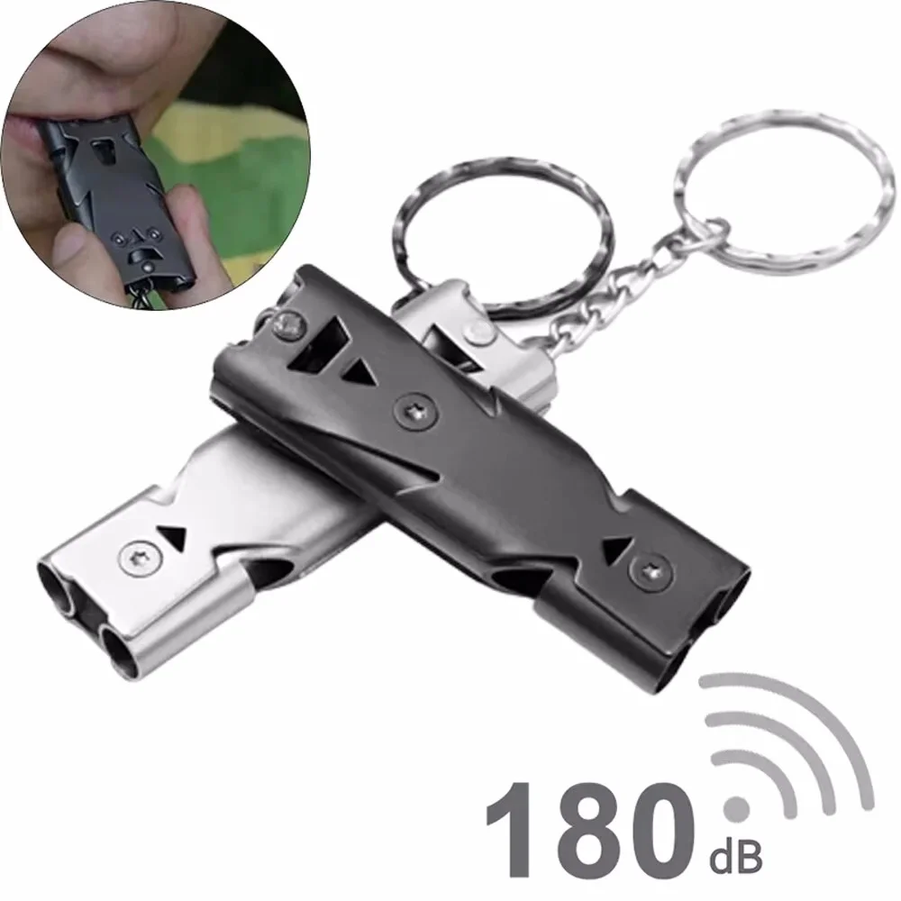 High Decibel Whistle Keychain Stainless Steel Double Pipe Camping Hiking Emergency Survival Whistle Portable Outdoors Tools