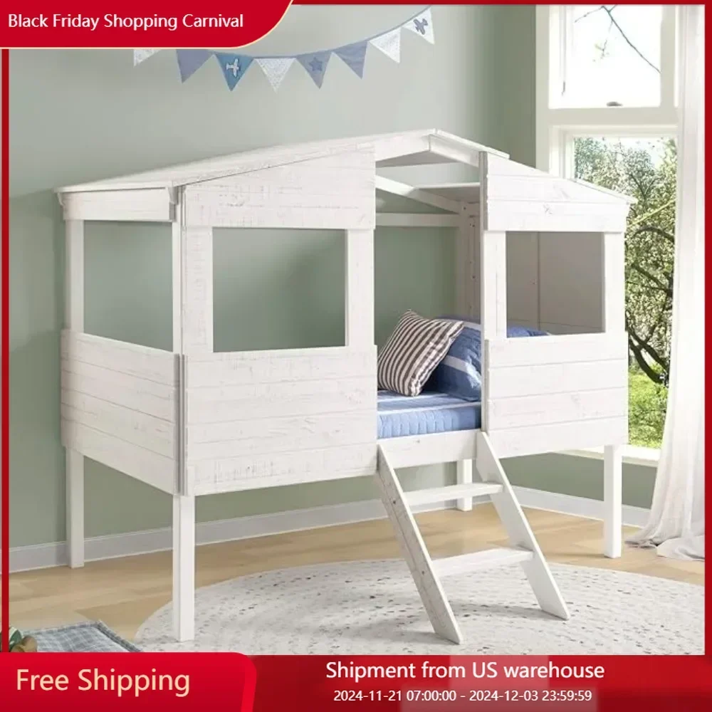 

House Bed, Kids Low Loft Bed with Step Ladder, Solid Pine Wood Cabana Style House Loft Bed for Kids Children Beds