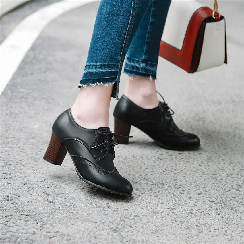 Casual Office Women Pumps High Chunky Heels Derbies Green Black Round Toe Brogues Lady Oxford Vintage Preppy Lace Up Dress Shoes