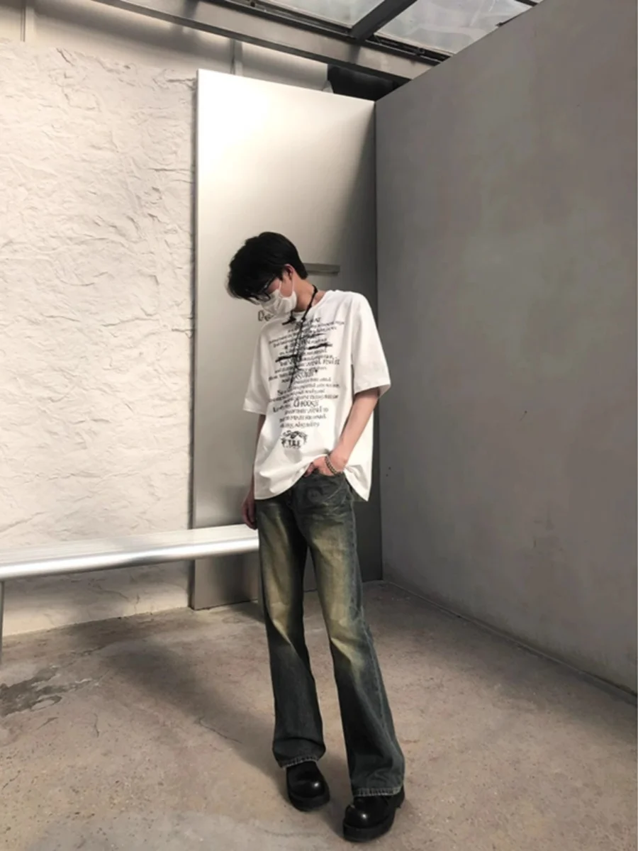 

High Street Fashion Men's Slim Fit High Waist Denim Jeans Bell Bottoms Washed out Casual Long Trousers Trendy All-Match