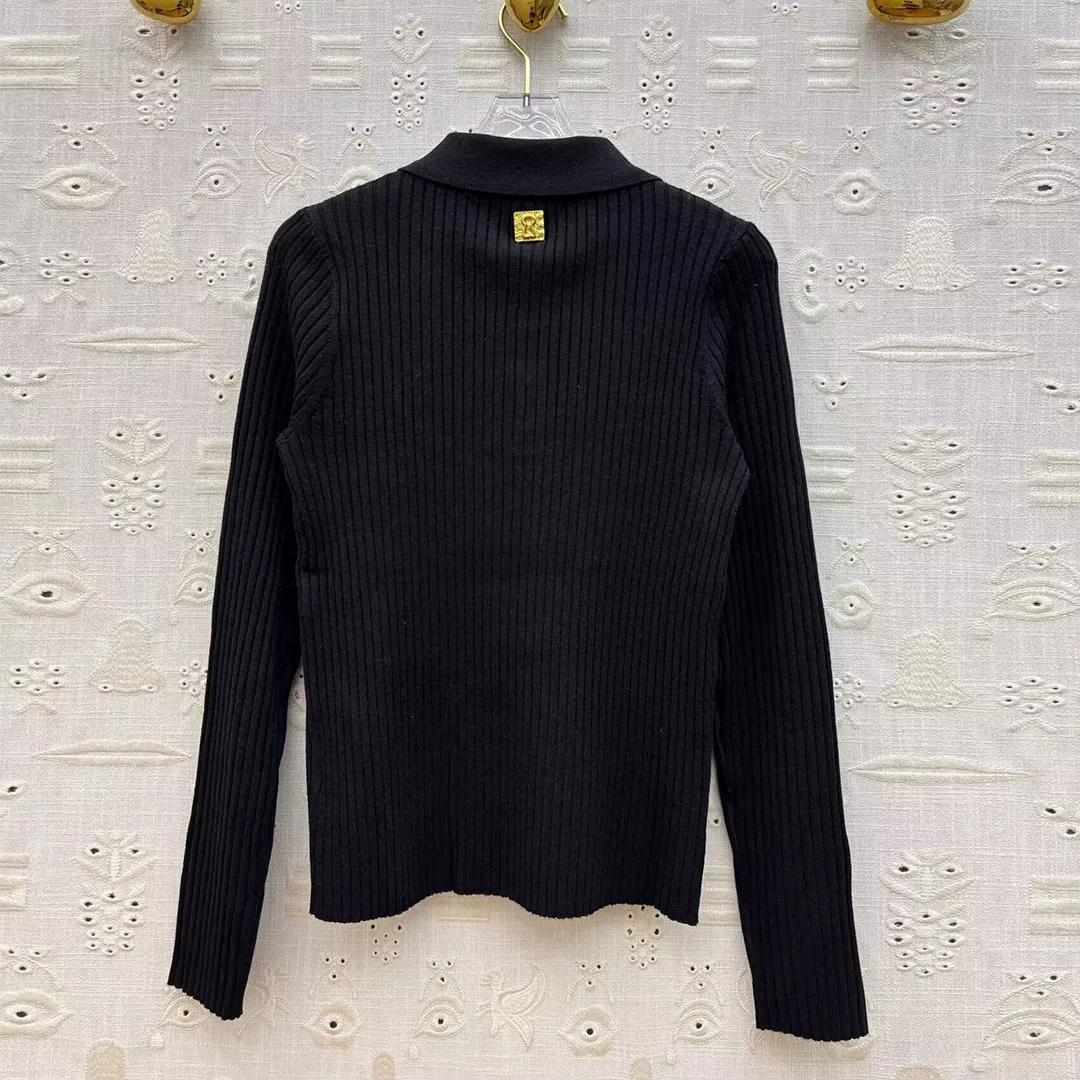 Novo outono básico all-matched pulôver de malha feminino lapela novidade botões manga longa cor sólida fino ajuste casual chique camisola