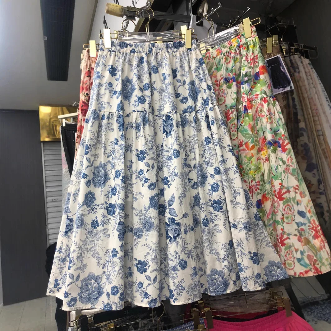 

Женская асимметричная юбка с принтом, разрезом и большим оборончатым подолом, миди-длина, весна 2025, этнический костюм, сценический наряд