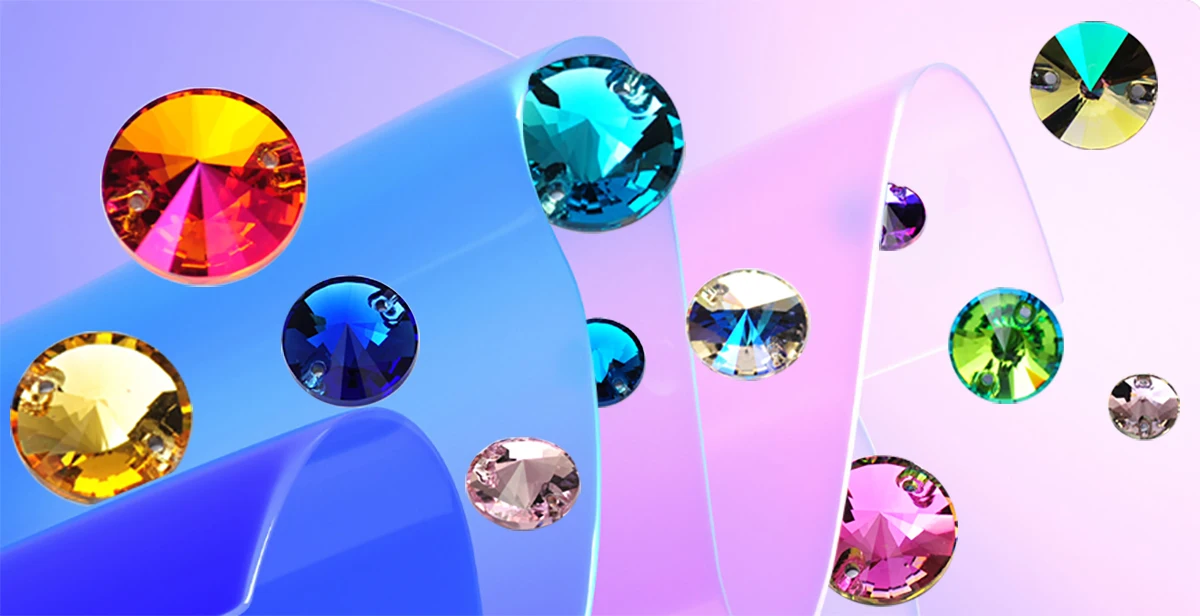 Pubrilex Rivoli-Form Aufnähbare Strasssteine Runde Kristall-Strasssteine Flache Diamanten für Handarbeiten und Hochzeitskleider – Detail 1