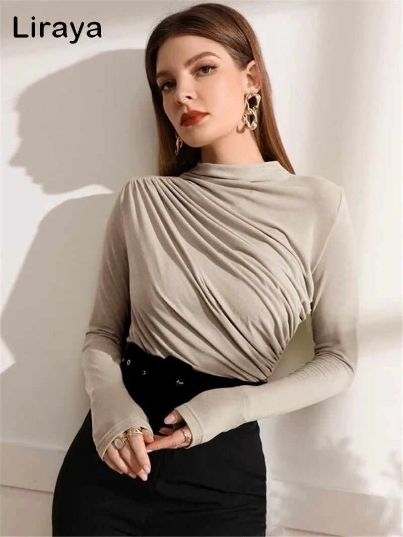 Sexy Solid Color Half High Collar Shirring Slim T Shirt Women Long Sleeves Bottoming Shirt Ladies Tee Shirt Tops Camisetas Mujer