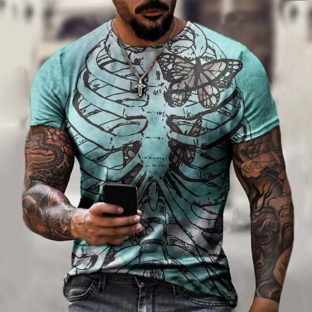 Camisetas de esqueleto de terror para hombres y mujeres, ropa de calle con estampado 3D de hueso aterrador, camiseta de manga corta de gran tamaño a