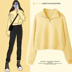 Fashion Solid Color Half Zipper Spring Autumn Sweatshirts Womne New Classic Turn-down Collar Loose Korean Short All-match Top