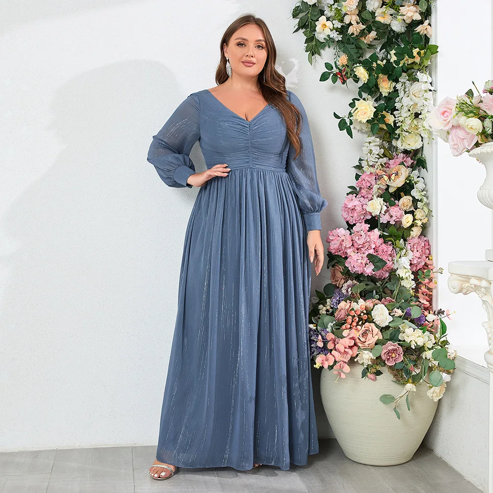 

BKQU New elegant plus size evening gown dress long sleeved double V-neck sparkling full lining pleated A-line evening gown