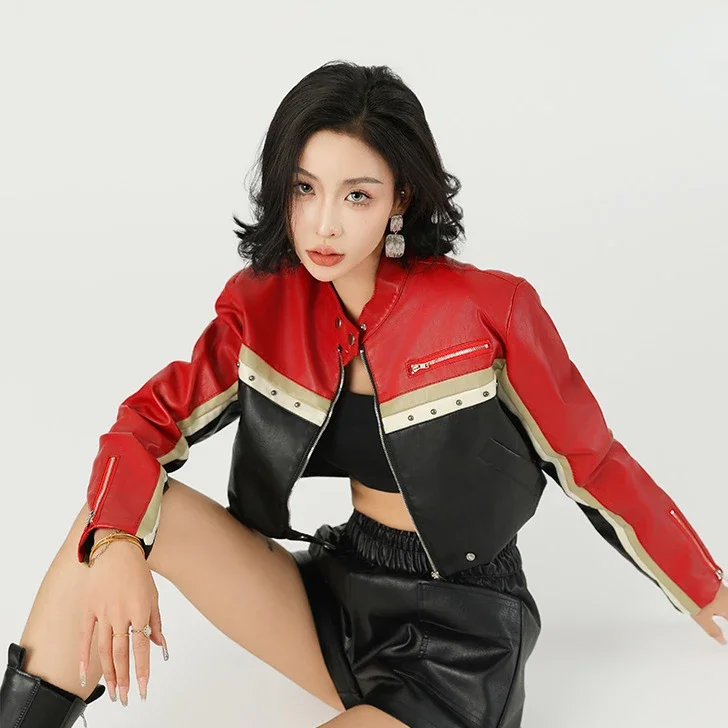 New Spring Autumn Women Fashion Punk Biker Core Color Block Zipper Studded Detail Crop PU Leather Jacket Y2K Short Outerwear