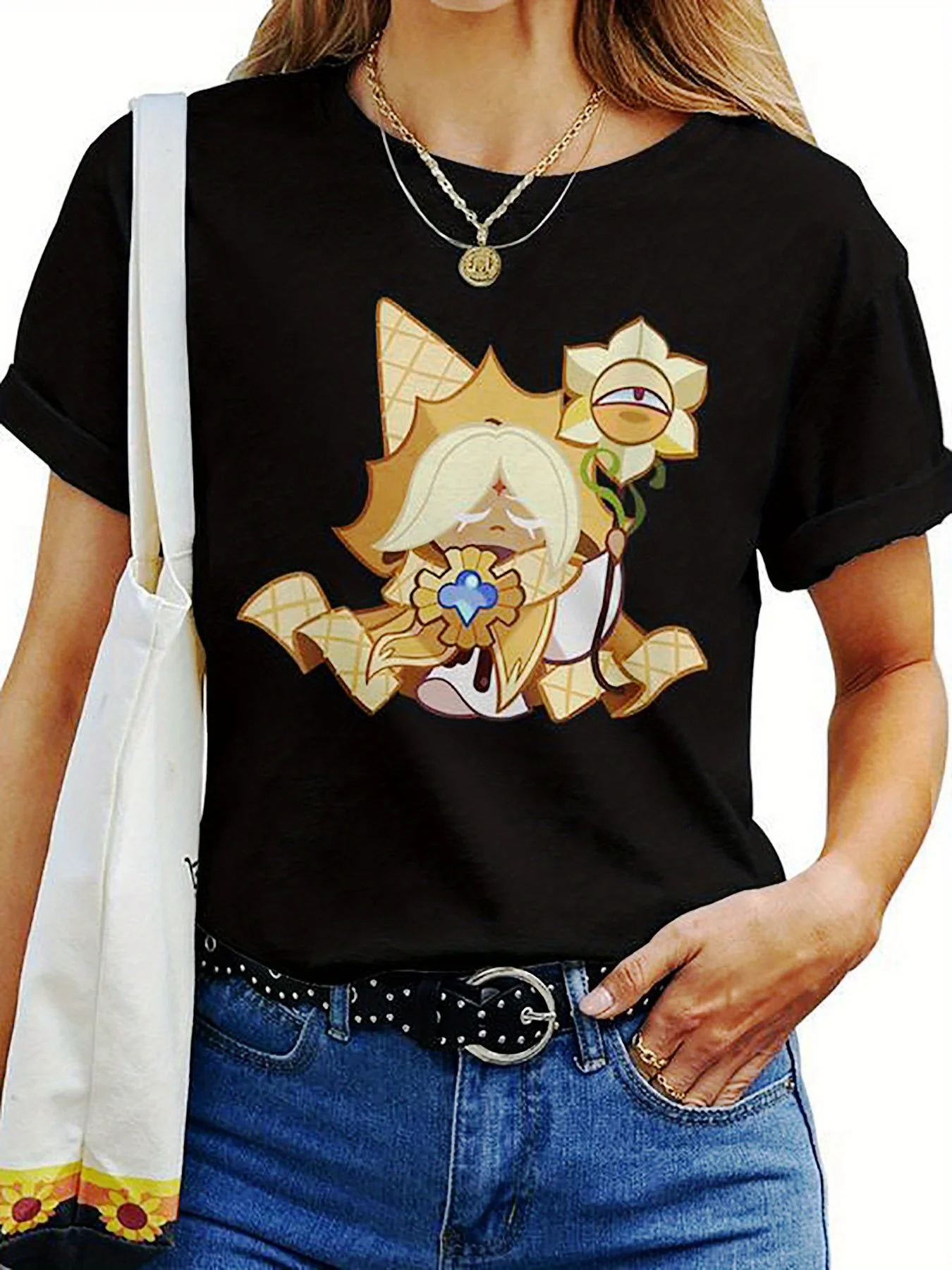 Pure Vanilla Cookie Run Kingdom 그래픽 티셔츠 - 애니메이션 디자인의 세련된 블랙 여성용 티셔츠, 캐주얼 라운드 넥 반소매