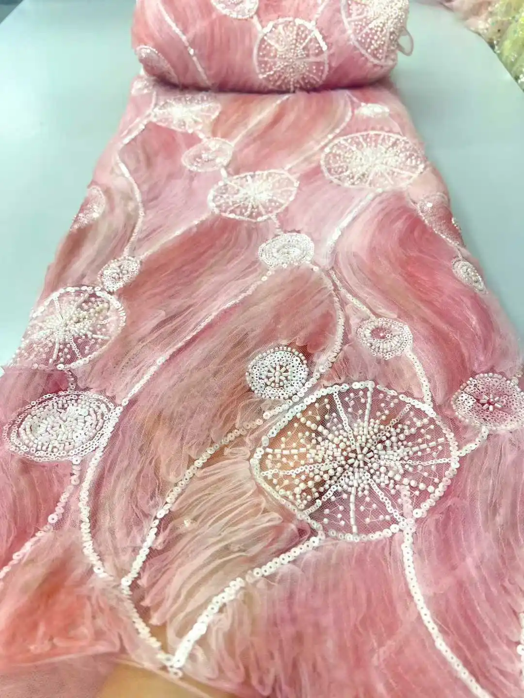 

2025 African Net 3D Lace With Sequins African Lace Fabric High Quality 5 Yards Nigerian French Tulle Lace Fabric For Wedding Sew