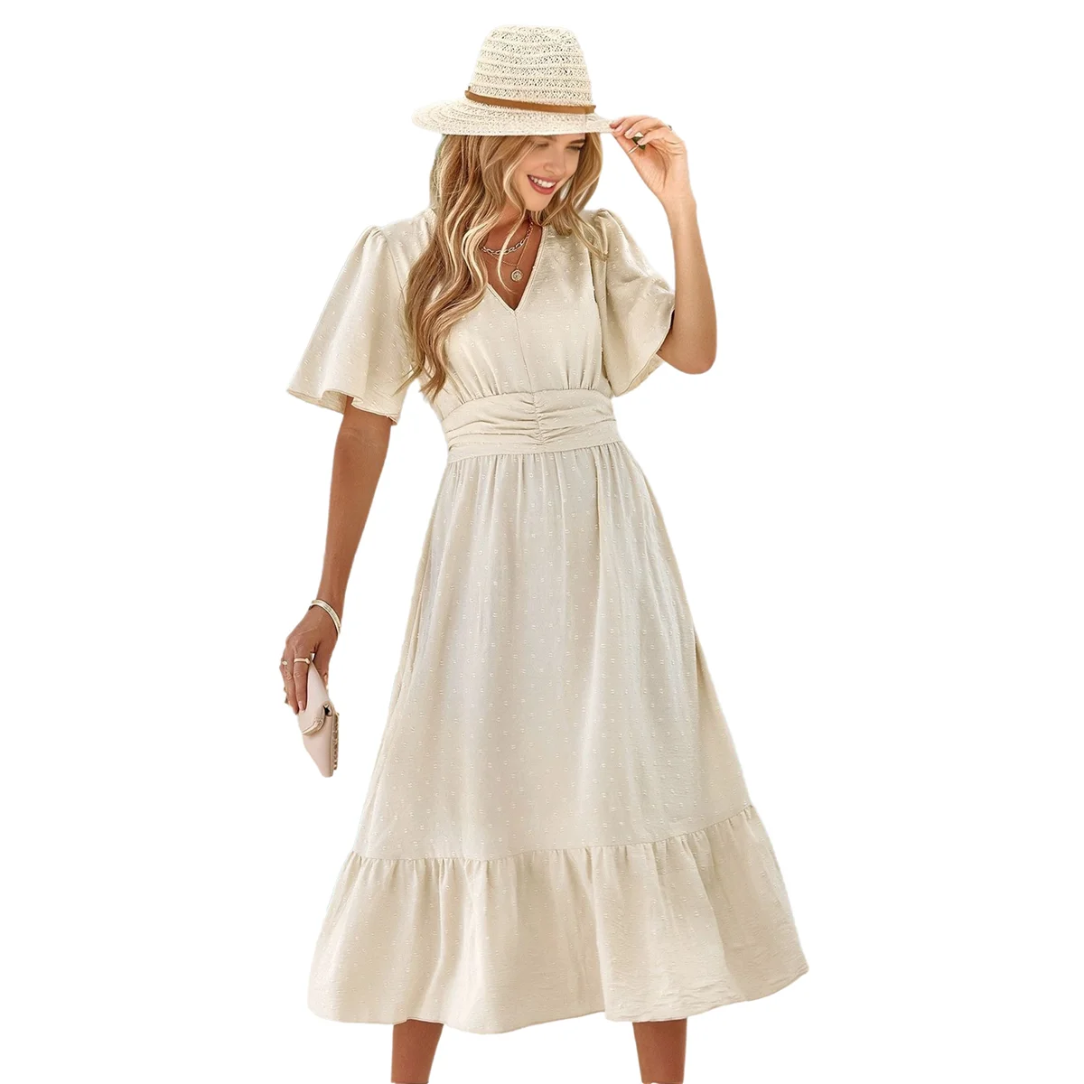 Dames zomerjurk met V-hals 2025, ruchemouwen, Zwitserse stip, Boho, vloeiende strandfeest, lange maxi-cocktailjurken