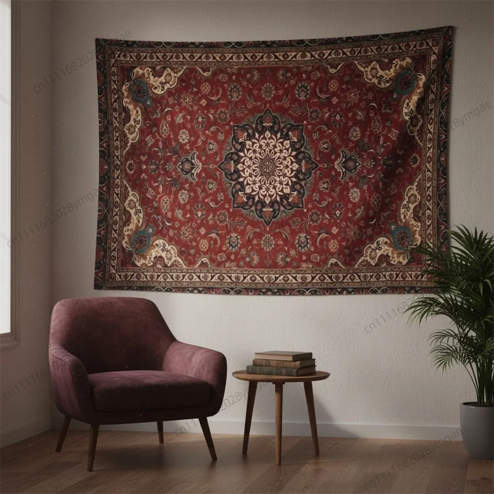 Vintage Wandteppich Böhmischer Persischer Medaillon-Wandbehang Burgunderroter Orientalischer Druck Wanddekoration Hintergrundstoff Wandkunst Dekor