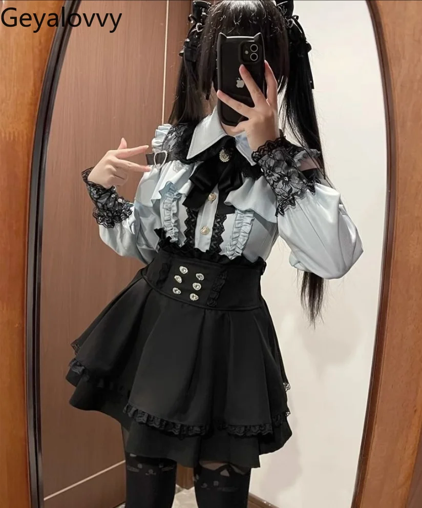 

Sweet Cute JK Uniform Two-piece Set for Women Spring Autumn Girl Outfits Long Sleeve Off-Shoulder Shirt + High Waist Short Skirt