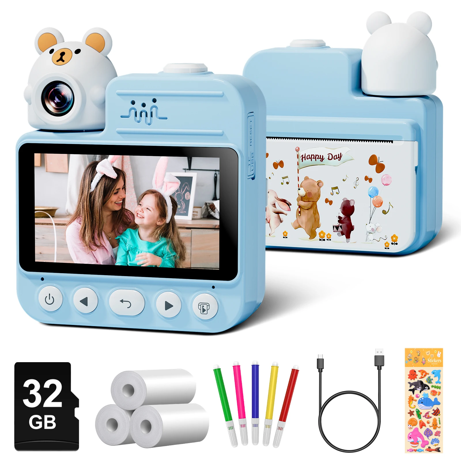 Câmera infantil de impressão instantânea, câmera instantânea infantil de 3,0 '' com cartão 32G e 3 papel de impressão, câmera digital infantil HD 1080P para 6-12 anos