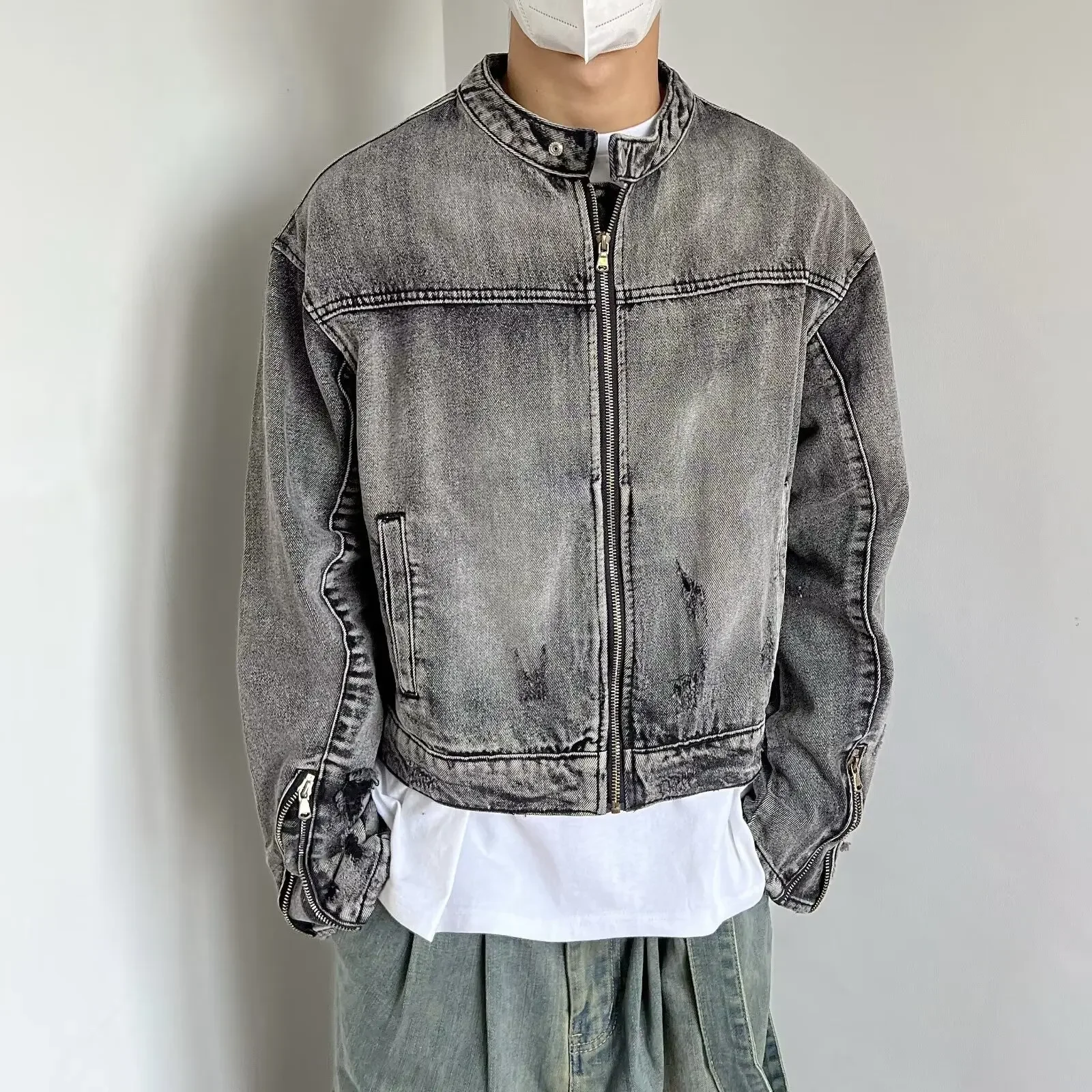 Chaqueta vaquera Retro pesada con cuello levantado para hombre, diseño de estilo lavado, Top de moda para pareja, estilo japonés para primavera y otoño